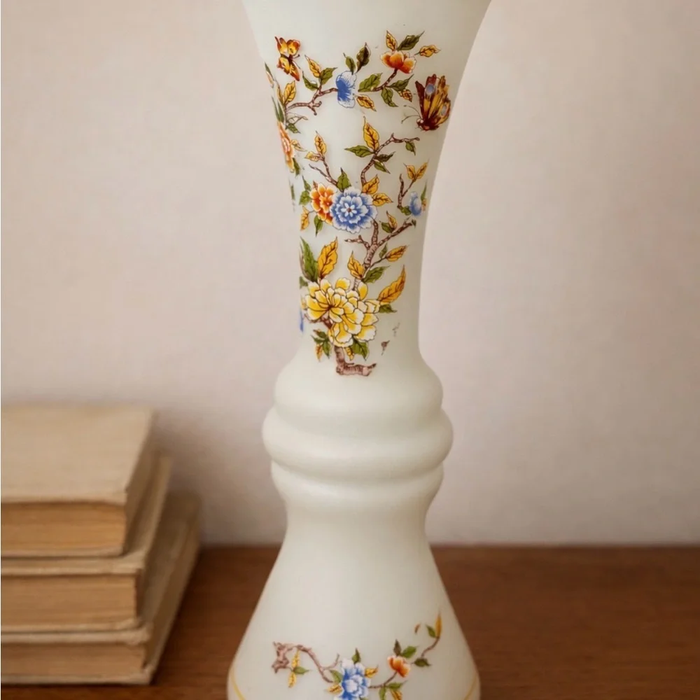 White Floral Frosted Glass Peruvian Vase with Blue and Yellow Flowers